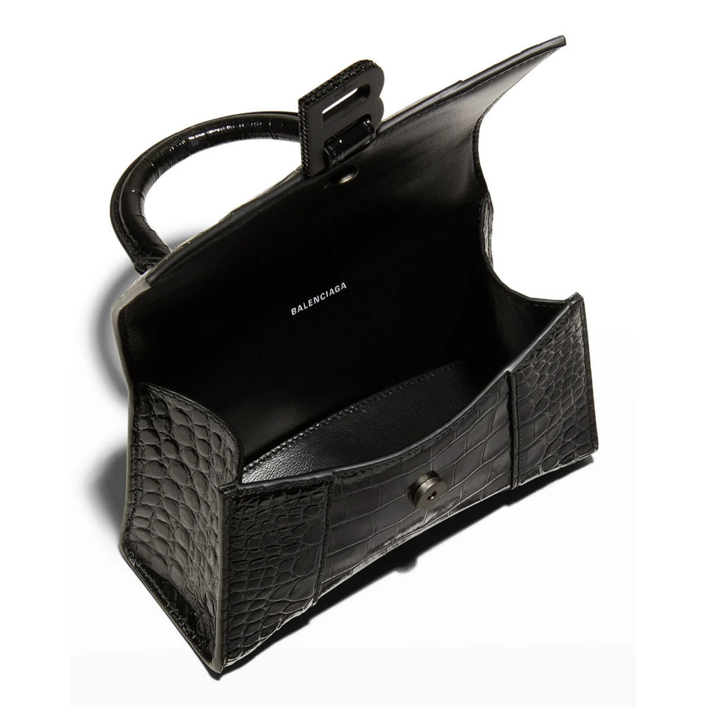 BALENCIAGA Hourglass Extra Small Top Handle Handbag Crocodile Embossed XS Black - Picture 8 of 15